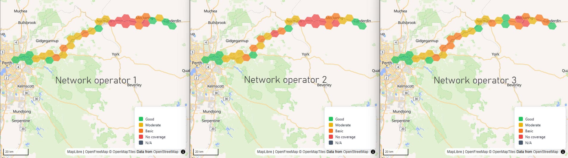 Comparative coverage assessment map view showing signal quality across geographic zones