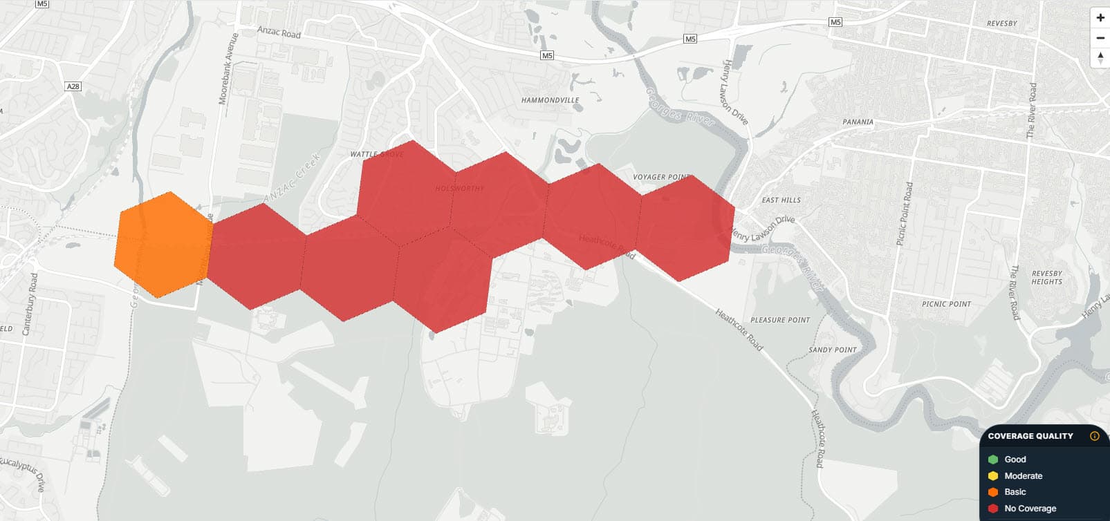 Map identifying areas of continuous no coverage across a geographic assessment area