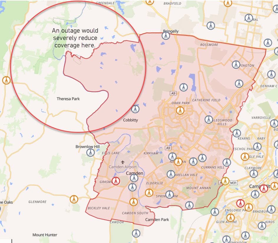 Coverage risk assessment map identifying high-risk no coverage zones and service quality issues across a council area