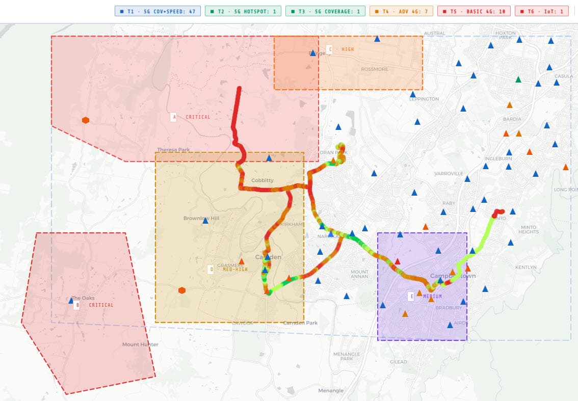 Coverage area assessment map showing signal quality and service availability across a defined geographic area